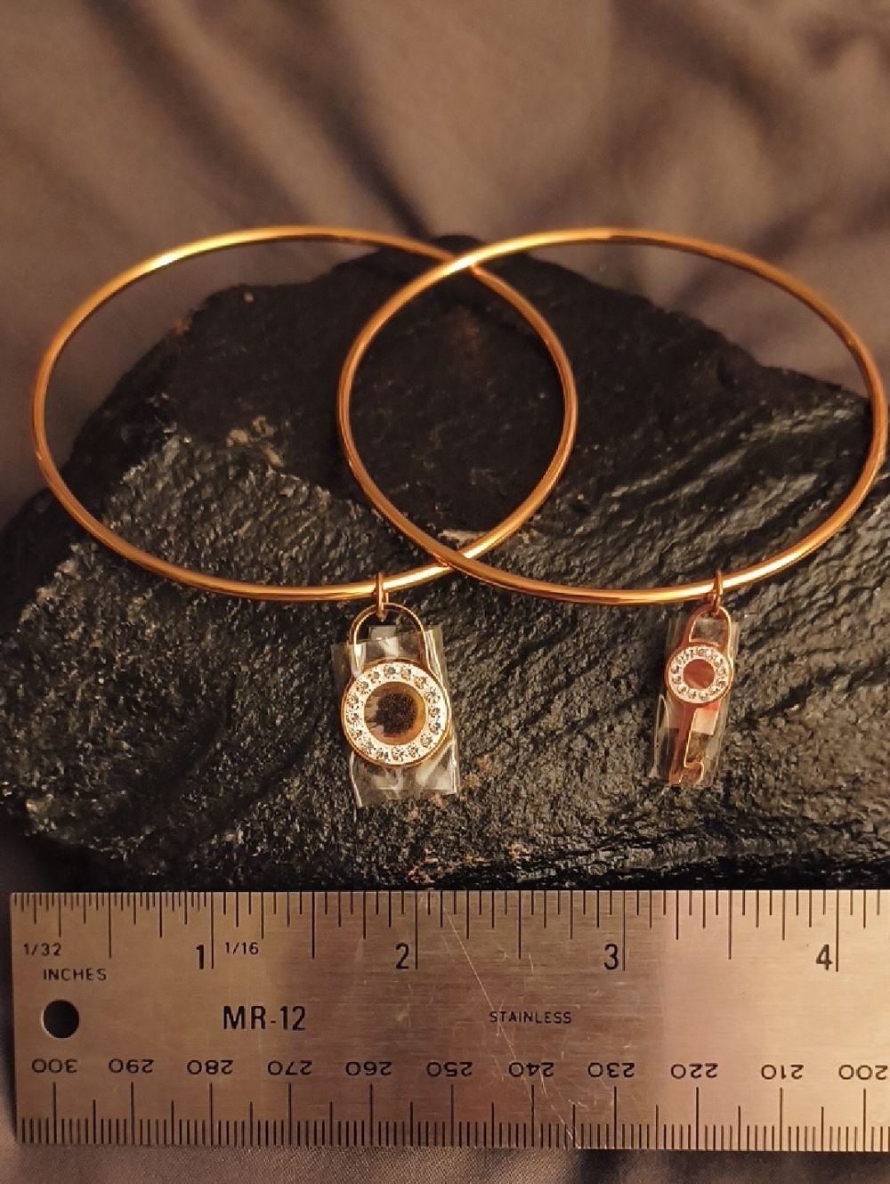 Two 2 3/4" Inch Wide Gold Color 1) Lock and 2) Key Duo Charm Bangle Bracelets